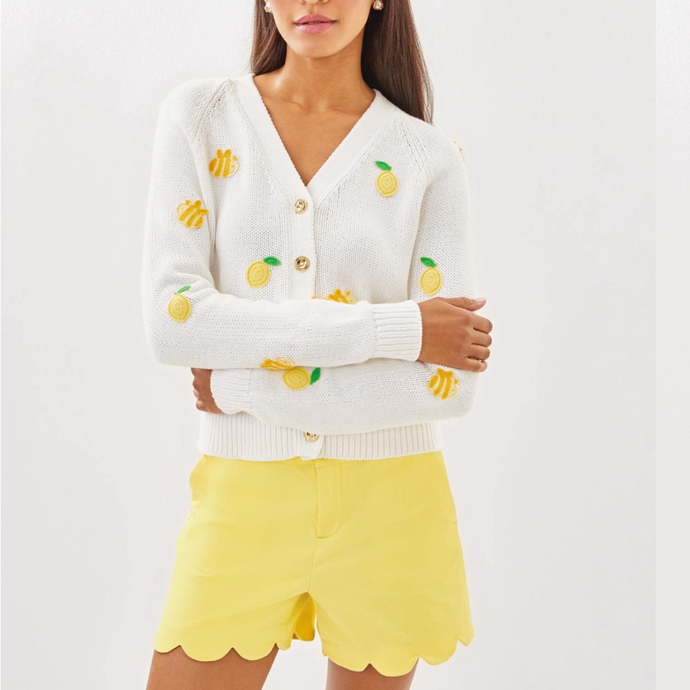 Lilly Pulitzer White Cardigan with Yellow Lemon Embroidery